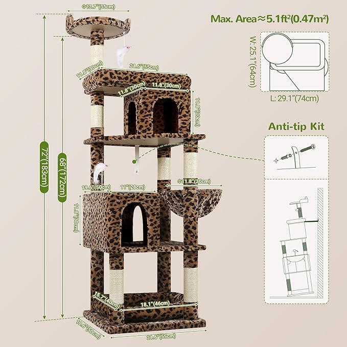 Globlazer Heavy Duty Cat Trees for Large Cats, Sturdy 72in Maine Coon Cat Tree for Large Cat 20 lbs+ Heavy Duty Cat Tower for Adult Biggest Cats with 6 Scratching Posts, Hammock, S72, Leopard Print