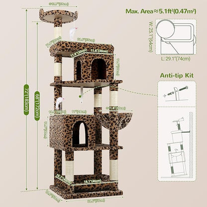 Globlazer Heavy Duty Cat Trees for Large Cats, Sturdy 72in Maine Coon Cat Tree for Large Cat 20 lbs+ Heavy Duty Cat Tower for Adult Biggest Cats with 6 Scratching Posts, Hammock, S72, Leopard Print