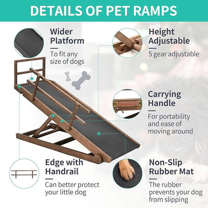 Dog Ramp, 5 Level Adjustable Height Folding Pet Ramp for High Bed, Portable Paw Ramps Large Bed Ramp for Medium & Large Old Dogs & Cats - Natural Wood Furniture Quality