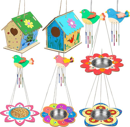 Fennoral 12 Pack Bird House Craft Kit for Kids Make You Own Bird Wind Chime Kit DIY Build and Paint Wooden Birdhouses Bird Feeder Art and Craft for Spring Yard Garden Outdoor Decoration