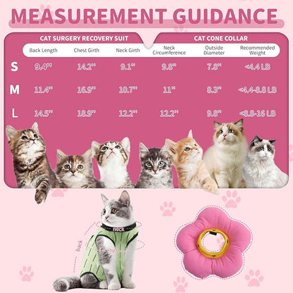 EMUST Cute Cat Recovery Suit and Adjustable Flower Cone Collar Set - Soft Surgical Suit for Abdominal Wounds, Cat Cones After Surgery for Female Kittens Under 4lb (Green)