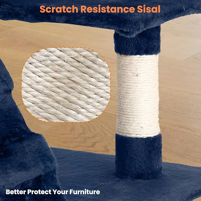 54.7 inches Cat Tower - Multi-Level Cat Condo with Scratching Posts, Hanging Toys, Navy Blue