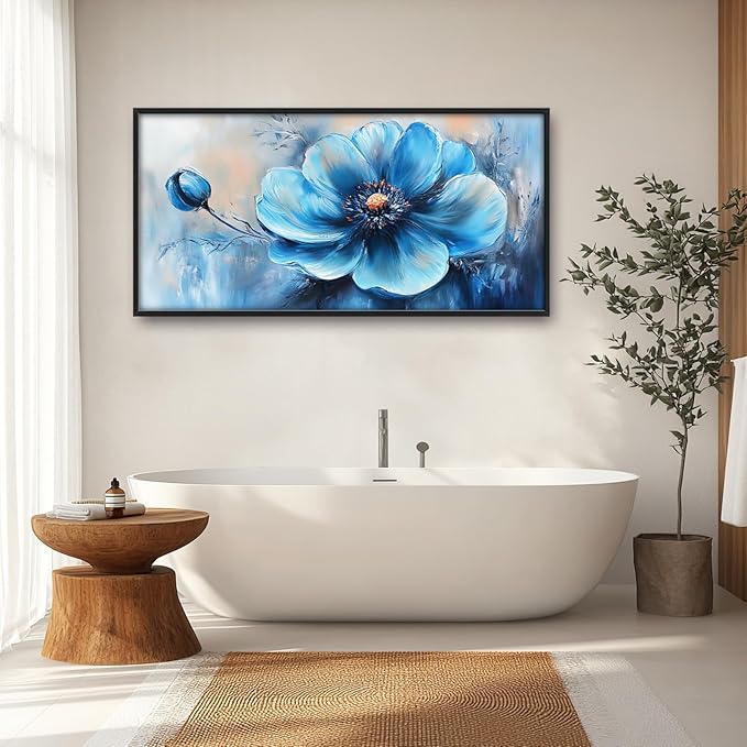 Extra Large Abstract Blue Flower Framed Wall Art for Living Room,Oversized Elegant Floral Pictures Wall Decor,Canvas Print Painting Modern Artwork Bedroom Office Bathroom 60L" x 30W"