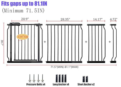Extra Wide 76.4-81 Inch Large Baby Gates for Stairs, Doorways - No Drilling, Pressure Mounted Pet Gates for Kids & Dogs