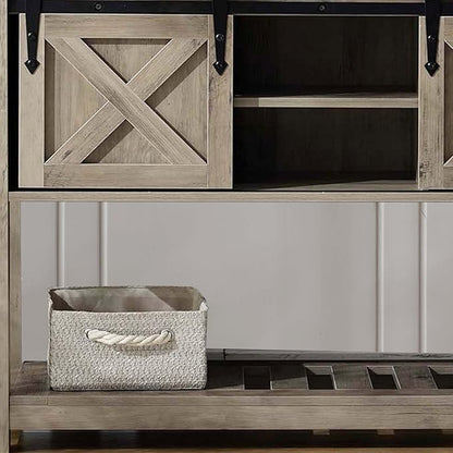 Entryway Table with Storage, Farmhouse Buffet Cabinet Coffee Bar Kitchen Island with Sliding Barn Doors & Shelves, Console Table for Kitchen, Dining Room, Living Room, Grey