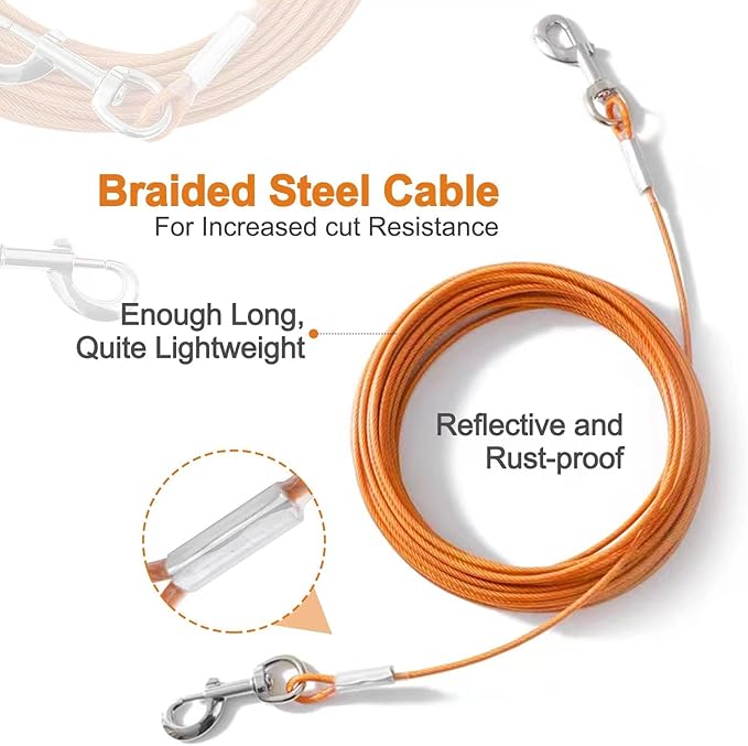 Dog Tie Out Cable,50ft Dog Lead-Heavy Duty Tie Out Cable for for Large Dogs Up to 125lbs-Dog Chain for Yard-Outside Dogs Runner Tether Line