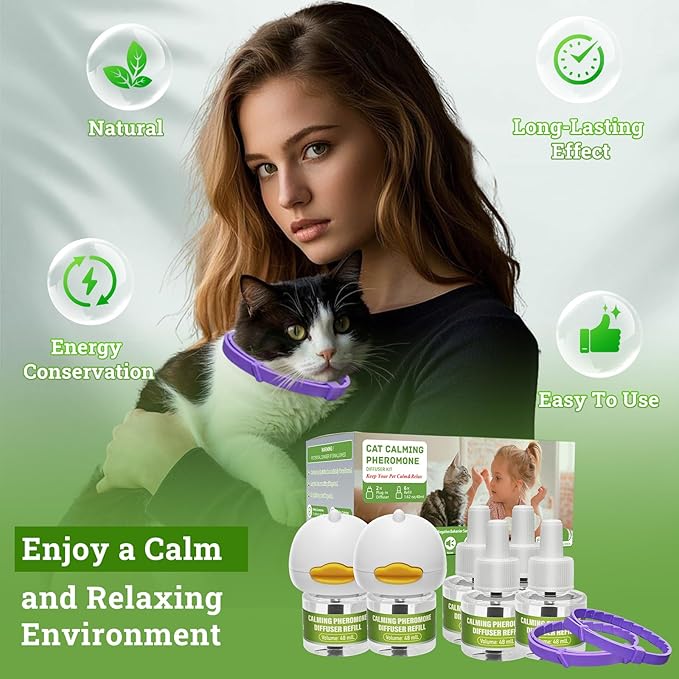 2 Diffusers& 6 Refills +2pcs Calming Collar Cat Calming Diffuser, Plug in Diffuser Cat Pheromone Calming Diffuser Starter Kit Helps Ruduce Anxious, Anti-Stress & Comforts Cats