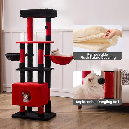 Gardner Pet 65in Heavy Duty Cat Tree Tower for Large Cats, Multi-Level Cat Furniture with Replaceable Sisal Scratching Post, Hammock | Extra-Large Platform & Condo (Black Red, Basic φ:2.84")