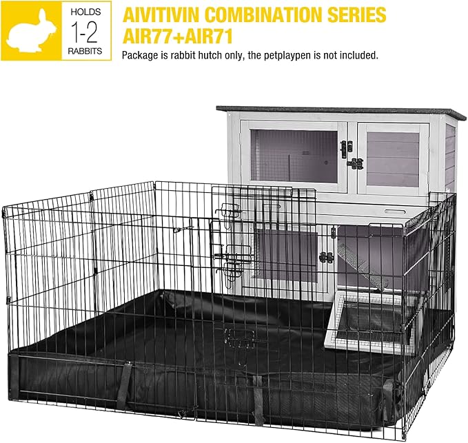 Aivituvin 2-Tier Rabbit Hutch with Tarp Door and Wheels Bunny Cage Indoor Outdoor Guinea Pig Cage Expandable with Pet Playpen 36" L, Grey