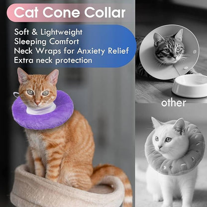 Adjustable Cat Neck Cone, Comfortable Elizabethan Recovery Collar After Surgery to Prevent Licking Wound, Ideal for Skin Disease, Deworming, Protective Pet Cone, Purple Medium