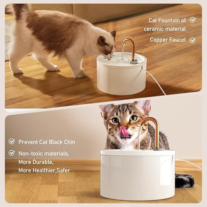 DOOOB Ceramic Cat Water Fountain, 2.1L/71oz Ceramic Cat Fountain, Automatic Ceramic Water Fountain for Cats, Pet Water Fountain with Ultra-Quiet Pump and 3 Filters & 3 Sponges (White)