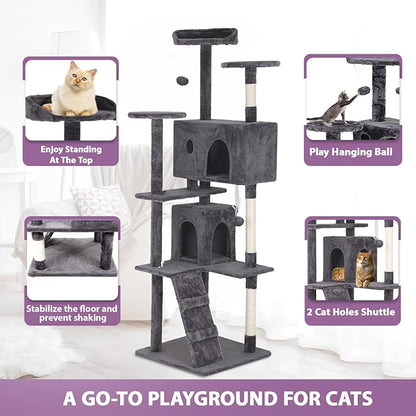 70 inches Cat Tower for Indoor Cats Multi-Level Cat Condos for XL Cat Tree Cat Climbing Tower with Scratching Posts, Hanging Toys,Light Gray