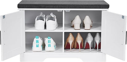 2-Tier Storage Bench, Shoe Bench with Padded Seat Cushion, Entryway Bench with 2 Barn Doors, Adjustable Shelf, 13.8" D x 27.6" W x 17.7" H, for Entryway, Living Room, Bedroom, White