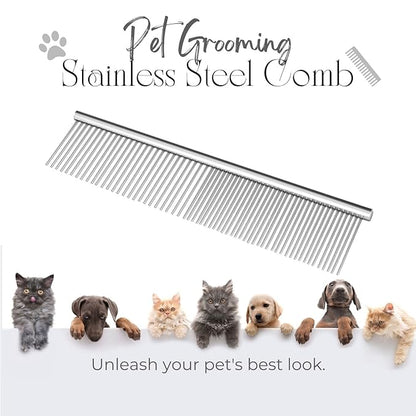 Flexzion Pet Grooming Comb Stainless Steel Cats Dogs Puppy Medium Animals Hair Fur Trimmer Deshedding Brush Accessory Tool with Smooth Teeth Needle Durable Lightweight