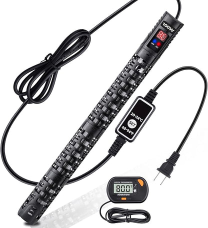 Aquarium Heater Submersible Fish Tank 100W& Turtle Tank Heater with External Adjustment Controller, Included Thermometer, LED Display, Overheat Protection, Detachable Cover, for Saltwater&Freshwater