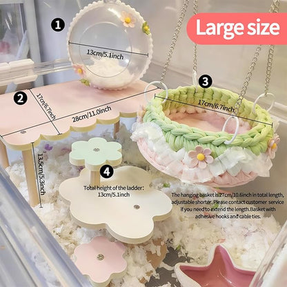 4-Pack Wooden Rat Cage Accessories - Platforms, Ladders & Hammocks Set for Chinchillas, Hamsters, Gerbils (for Iron/Wooden, Acrylic Hamster Cages + Customizable Layout) (11x6.7x5.5)