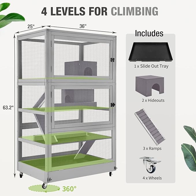 Ferret Cage Rat Cage Indoor Outdoor, Large Guinea Pig Cages with 4 Levels, Wooden Chinchilla Cage with Wheels for Hamster, Chameleon, Gerbils and Other Small Animals Anti-Chewing