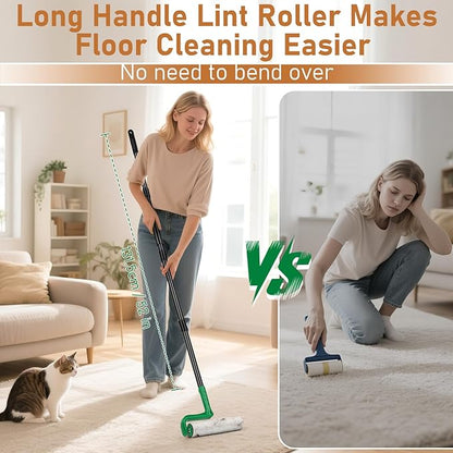 10" Large Lint Roller for Pet Hair Extra Sticky, Long Handle Floor Sticky Rollers with Big Lint Roller Refills for Cleaning Carpets, Cars, Furniture,Clothing, and Pet Hair,Green