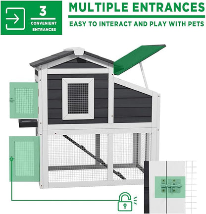 2 Story Rabbit Cage, Weatherproof Rabbit Hutch Indoor & Outdoor, Wooden Guinea Pig Cages with Removable Tray Openable Roof for Small to Medium Animals
