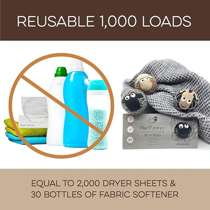 Fluff Ewes Wool Dryer Balls 3 Pack Premium New Zealand Wool Laundry Balls for Dryer, No Static Dryer Balls Laundry Reusable Cute - XL Wool Dryer Balls Cute, Baby Dryer Balls for Dryers - Darks