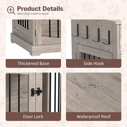 40 Inch Furniture-Style Dog Crate-Multipurpose Wood Pet Crate Furniture with Double Doors,2 Drawers, Decorative Dog House Indoor for Smal/Medium Dogs, Gray Finish