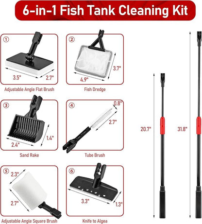 6 in 1 Aquarium Cleaning Tool Kit Fish Tank Algae Scraper, Sponge Pad, Fish Net, Gravel Rake and Cleaning Brush with Telescopic Long Handle
