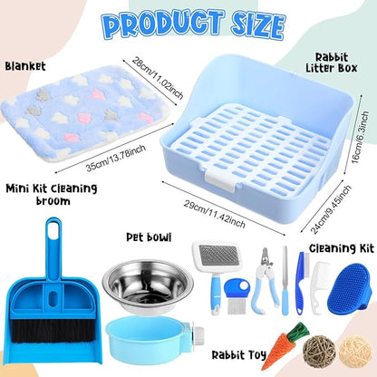 15 Pcs Rabbit Starter Kit Small Rabbit Litter Box Animal Grooming Kit Bunny Toys Bowl Blankets with Cleaning Set for Guinea Pig Accessories(Candy Blue)