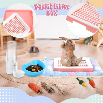 19 Pcs Rabbit Starter Kit Small Bunny Litter Box Rabbit Grooming Kit Water Bottle Bunny Toys Hay Feeder Bowl Blankets with Cleaning Set for Guinea Pig Accessories (Pink-White,Strawberry Bear)
