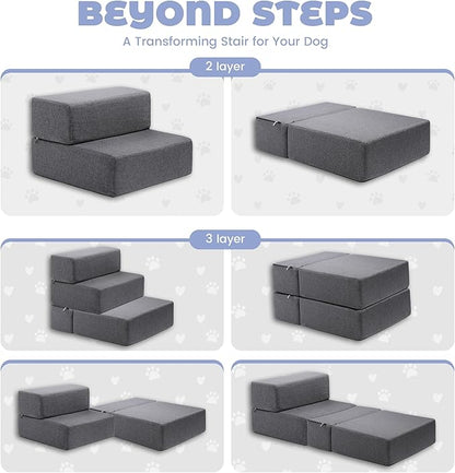 Foldable 18 Inch Wide 3 Step Wide Dog Stairs for Large Dogs, 18 Inch Height Foam Dog Steps for Bed & Couch, Linen Covered Pet Stairs for Dogs to Get on Bed, Outdoor Foam Pet Steps for for Cars & SUV