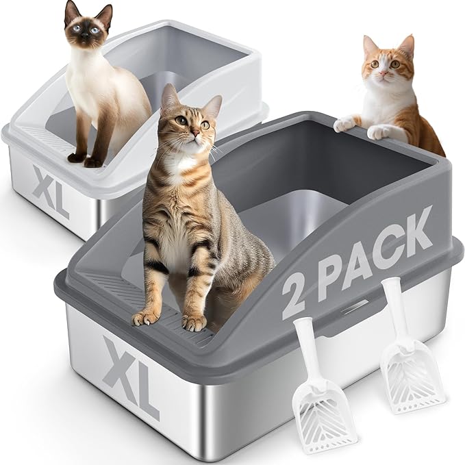 2 Pack Stainless Steel Litter Box | XL Enclosed Cat Litter Boxes with Lid for Big Cats and Multi-Cats | High Sided, Anti-Urine Leakage | Non-Stick Bottom（Multi-Colored）