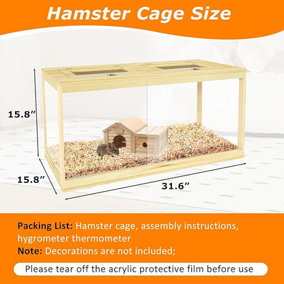 32" Hamster Habitat Enclosure, Lockable Sliding Door Gerbil Cage, Dwarf Hamster Cage with Metal Mesh Roof, Chewproof Syrian Hamster Cage for Mice, Small Animal, (Wooden, 32" L x 16" W x 16" H)