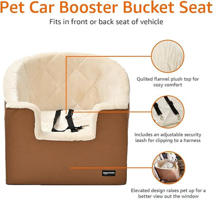 Amazon Basics Pet Car Booster Bucket Seat for Small Pets up to 25lbs, Machine Washable Cover, Clip-On Safety Leash, 18" x 18" x 16", Tan