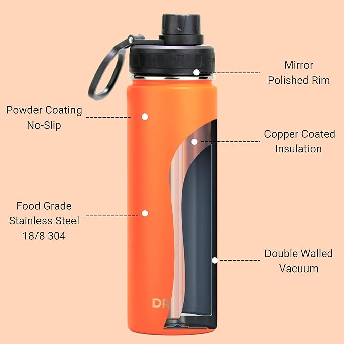 DRINCO Stainless Steel Water Bottle Spout Lid Vacuum Insulated Double Wall Water Bottle Wide Mouth (40oz 32oz 22oz 18oz 14oz) Leak Proof Keep Cold Sport Camping Hiking (22 oz, 22oz Orange)