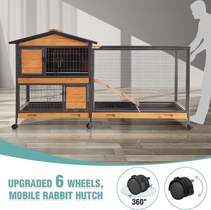 2-Story Rabbit Cage with Chew-Proof Metal Frame for Indoor/Outdoor - 62" Bunny Hutch Guinea Pig Cages with 6 Locking Wheels & 2 Removable Trays for Rabbits/Guinea Pigs