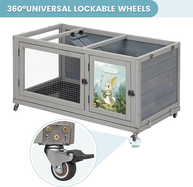 2-Story Wooden Rabbit Hutch for Outdoor & Indoor, Bunny Cage Rabbit House with Wheels, Trays, Ramp, Pet Home for Guinea Pigs, Chickens, Chicken Coop, Gray with Colorful Patterns