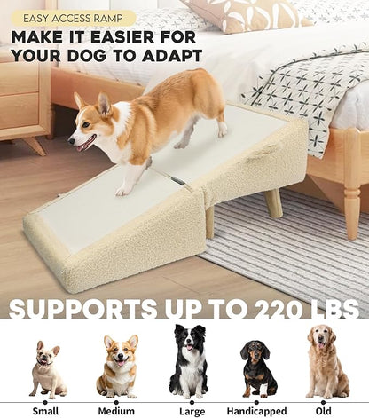 Dog Stairs for Small Dogs and Cats – 2-in-1 Dog Ramp for Bed and Couch, 16.5'' Foldable Wooden Pet Steps, Sturdy Multi-Use Split Ottoman Design, Beige