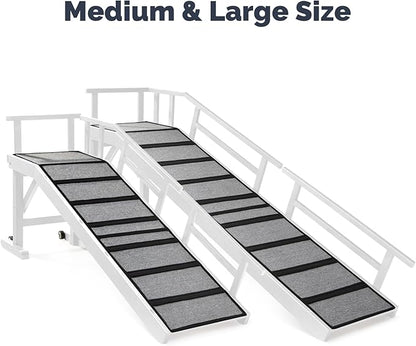 Dog Ramp for Bed or Couch, Wooden Pet Ramp with 20° Gentle Slope, Removable Side Rails, Non-Slip Surface, Top Platform & Wheels, Safe Bed Ramp for Small, Medium & Senior Dogs, 60" Long, White