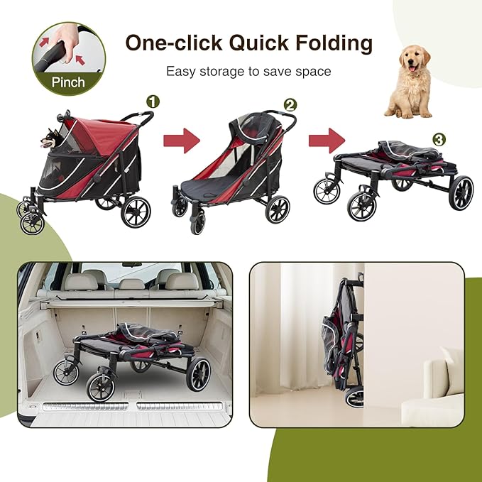 Dog Stroller for Medium/Large Dogs One-Click Folding, Extra Large Pet Stroller for 2 Dogs with Storage Pocket & Shock Absorption, Up to 130 lbs, Red
