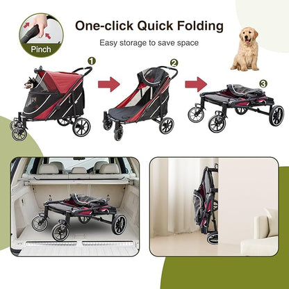 Dog Stroller for Medium/Large Dogs One-Click Folding, Extra Large Pet Stroller for 2 Dogs with Storage Pocket & Shock Absorption, Up to 130 lbs, Red