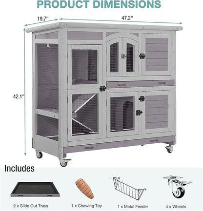 2-Tier Indoor Rabbit Hutch Bunny House Guinea Pig Cage with Sliding Plastic Trays, Wheels & Ramp, 47.2" Multi-Door Wooden Small Animal Cage for Rabbits, Bunnies, and Guinea Pigs (Grey)