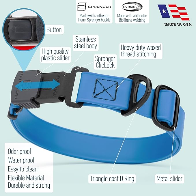 Dogline Biothane Waterproof Dog Collar with Herm Sprenger Stainless Steel Quick Release Buckle – Heavy Duty Tactical Durable Collar for Dogs – Comfortable and Safe Pet Collar, W 3/4" L 12-19", Blue