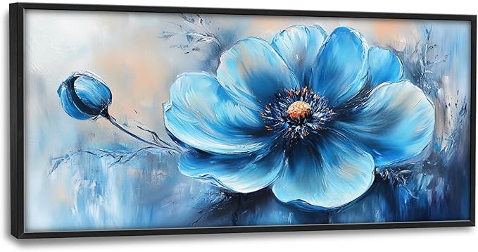 Extra Large Abstract Blue Flower Framed Wall Art for Living Room,Oversized Elegant Floral Pictures Wall Decor,Canvas Print Painting Modern Artwork Bedroom Office Bathroom 60L" x 30W"