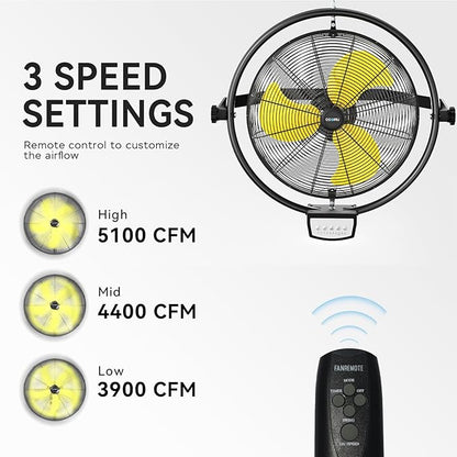 5100 CFM 20" Remote Control Wall Mount Fans, High Velocity 3-Speed Professional Oscillating Wall Fan with Timer, Heavy Duty Industrial Wall Fans for Patio, Commercial, Gazebo, and Garage, UL Listed