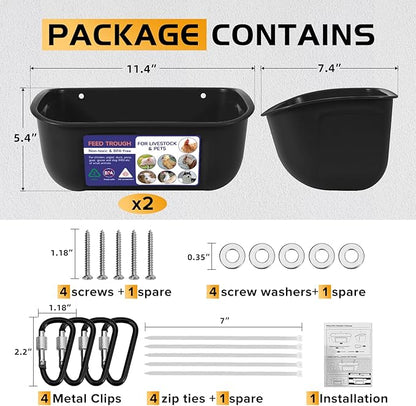 Goovilla Chicken Feeder Waterer, Hanging or Screw-in Fence Feeders with Clips, 2 Pack 5 Quart Goat Feeding Supplies, Duck Piglet Sheeple Coop Dog Livestock Poultry Plastic Feeder Trough Bucket, Black