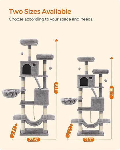 Feandrea Cat Tree, 81.1-Inch Large Cat Tower with 13 Scratching Posts, 2 Perches, 2 Caves, Basket, Hammock, Pompoms, Multi-Level Plush Cat Condo for Indoor Cats, Light Gray UPCT190W01