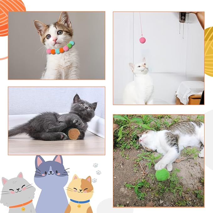 20Pcs 1.6" Cat Toy Balls, Soft Kitten Pom Pom Toys, Plush Interactive Playing Quiet Ball Cats Favorite Toy, DIY Craft Decorations, Training and Sensory Enrichment