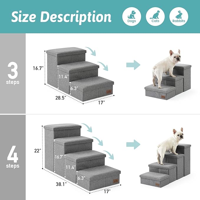Dog Stairs with Storage, 4-Step Wider Sturdy Dog Steps for Small/Medium/Large Dogs and Older Cats, Folding Doggie Ramp for Bed/Couch/Car Hold Up to 180 lbs (22" H, Grey)