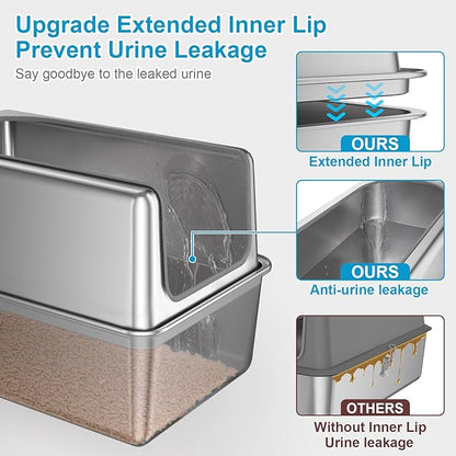 16'' High Sides XXXL All Stainless Steel Cat Litter Box with Lid,8'' Deep Metal Litter Box for Big Cats,Extra Large Litter Boxes with High Wall Enclosure,Anti-Leakage,Never Absorbs Odors,Non-Sticky