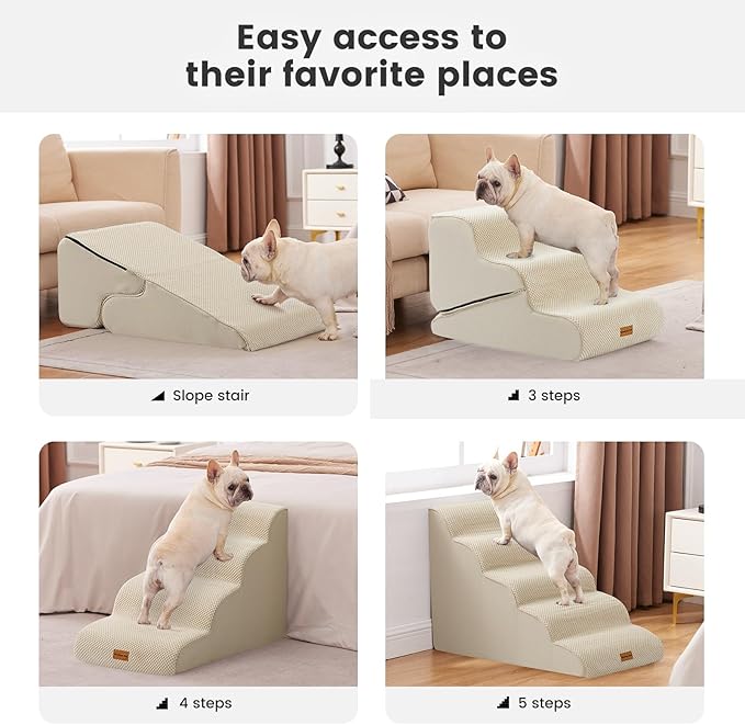 Gardner Pet Dog Stairs for Small Dogs 16.5" H, 2 in 1 Transformable 3-Step Pet Stairs and Dog Ramp for Couch (13-20 in), Beige Adjustable Pet Steps with Non-Slip Waterproof Cover and CertiPUR-US Foam