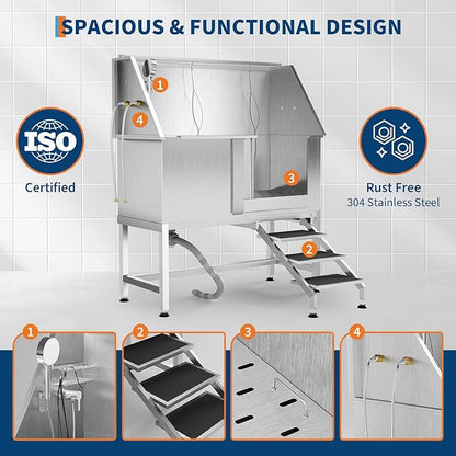 50" Stainless Steel Professional Dog Washing Station - Pet Bathing Tub w/Non-Slip Stairs | Slip-Resistant Floor Grate | for Large/Medium/Small Dogs